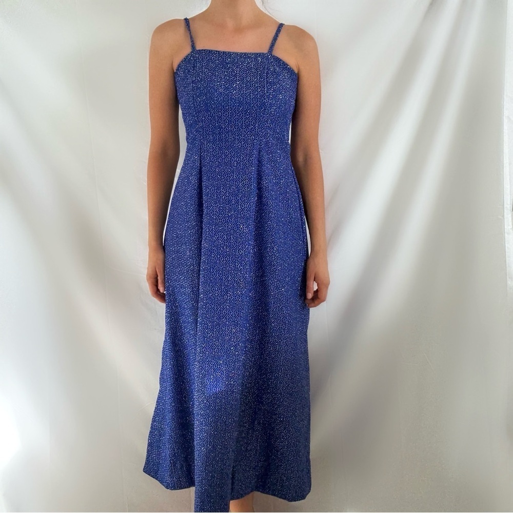 Vintage homemade blue formal maxi dress size small metallic